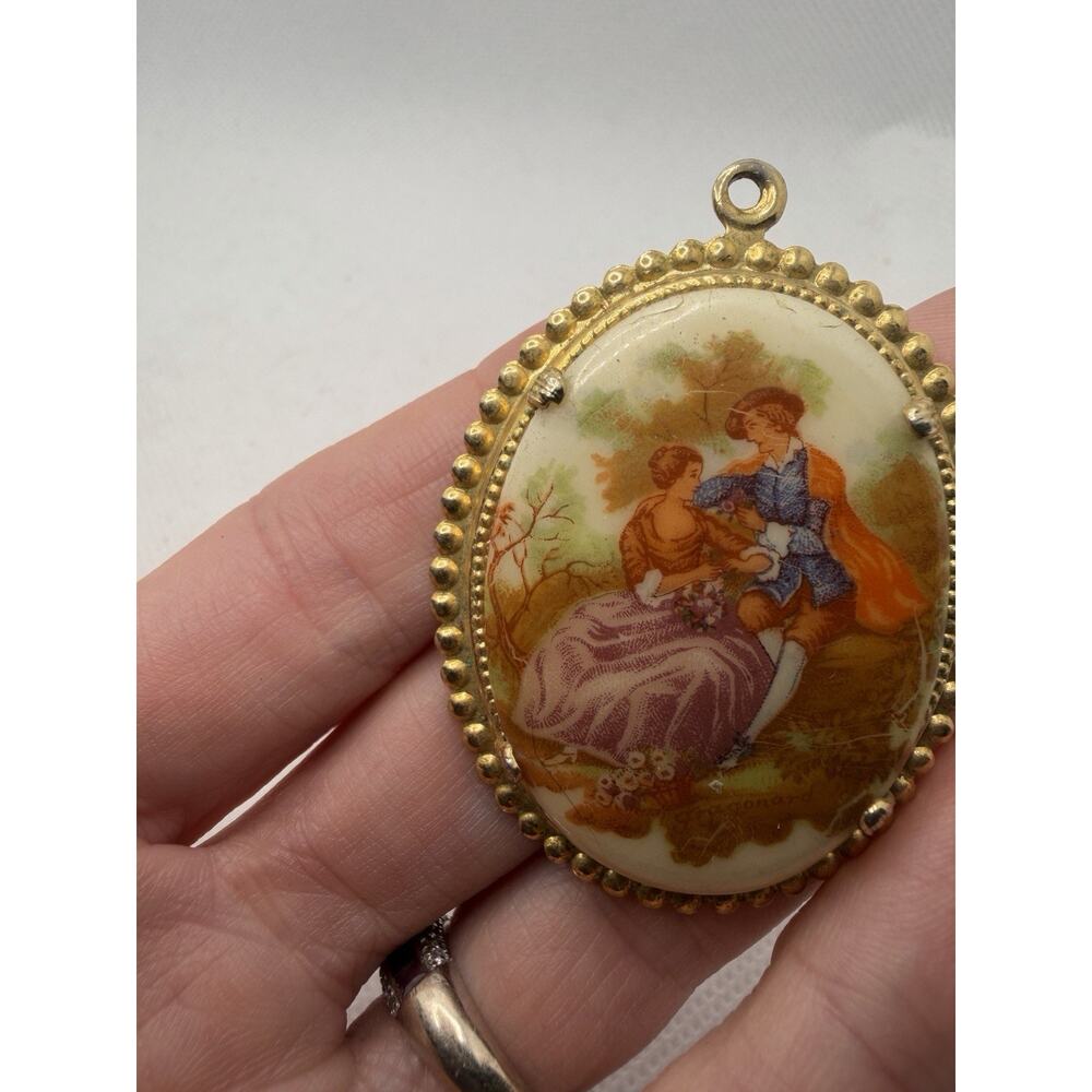 Vintage Cameo Pendant, Hand Painted Porcelain Courting Couple, Fragonard Style